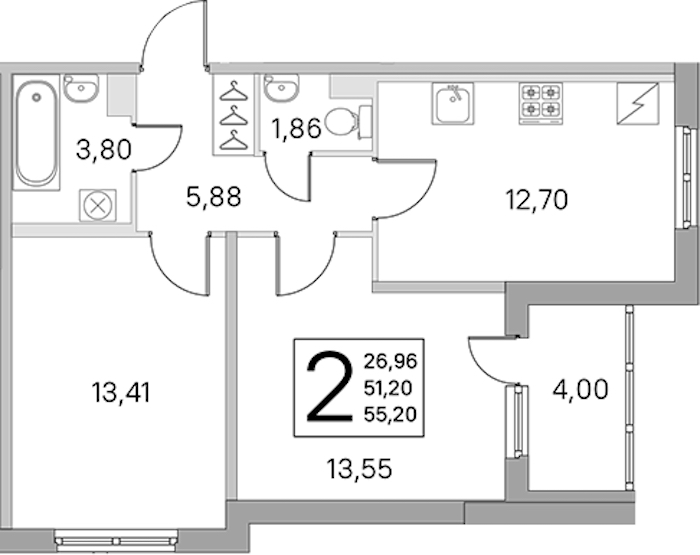 2-комнатная квартира 51.2 м², 1/5 эт., ЖК «ЮгТаун. Олимпийские кварталы»